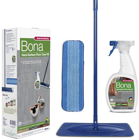 Bona Bodenwischer Set für Stein, Fliesen und Laminat, Wischmopp Set | 1 L Reiniger und Mikrofaser-Reinigungspad, Wischer für Laminat, Stein Reinigungsmittel
