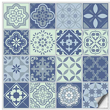 Kiwistar - Set 7 - Autocollants pour carrelage - 30 x 30 cm - Lot de 16 - bleu classique - pour la cuisine, la salle de bain, le dosseret, la bordure, la rénovation, le motif de carreaux
