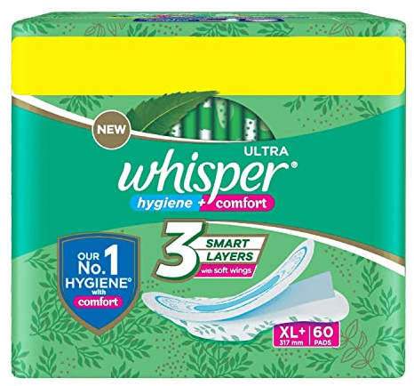Whisper Ultra Clean Sanitary Pads for Women, XL Plus, Pack of 60 Napkins