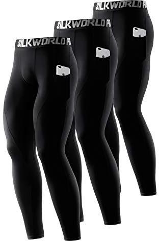 SILKWORLD Men's Compression Pants Pockets Cool Dry Gym Leggings Baselayer Running Tights (Medium, Pack of 3: Black#3)