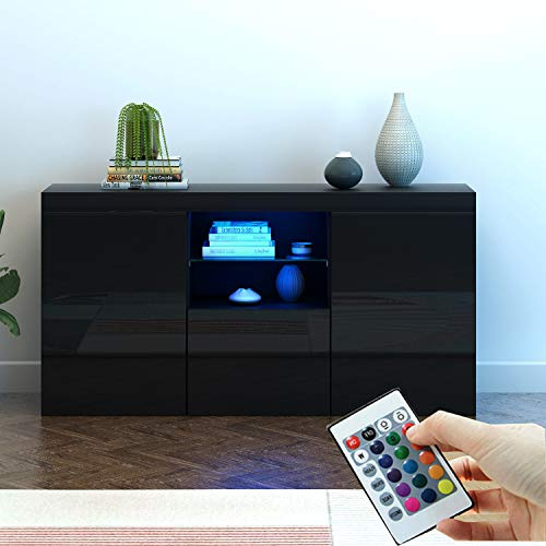 Panana Living Room Cabinet 3 Door 1 Glass Shelf High Gloss Front Cupboard Large Storage Sideboard RBG LED Lights TV Unit Cabinet Stand (Black, BG-1)