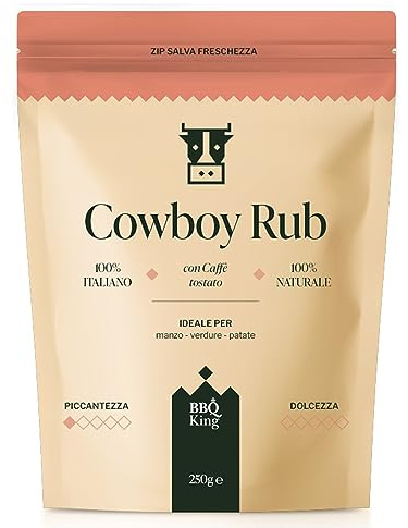 BBQ KING - Cow Boy Rub Confezione da 250 Gr, Dry Rub Bbq per Bistecche Ideale per Barbecue e Grill, Set Spezie Cucina 100% Made in Italy, Miscela di Spezie per Bistecche, Hamburger o Arrosti