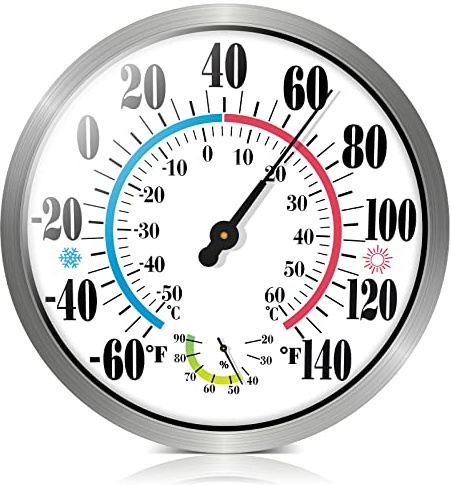 Outdoor Thermometer Hygrometer - 12'' Indoor Outdoor Thermometer Wireless, Indoor Thermometer for Room Home Temperature, No Battery, Wall Thermometer for Home Garden Patio