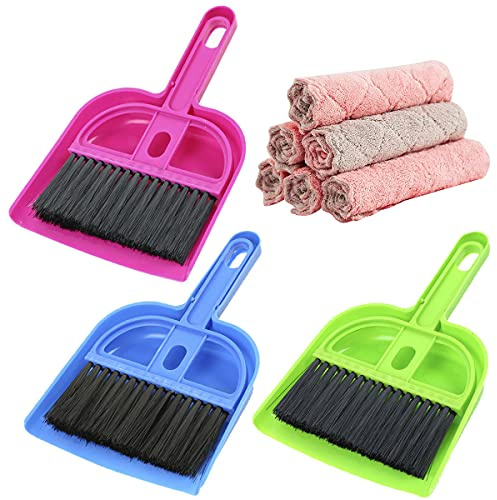 Qixuer 3 Pièces Mini Pelle à Balai,Mini Pelle à Poussière Et Ensemble Petit Outil de Nettoyage de Bureau de Balai avec 6 Pcs Chiffon de Vaisselle en Velours Corail pour Le Nettoyage De La Maison