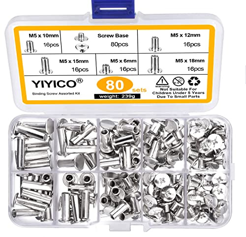 Buchschrauben Chicago Schrauben Schraubnieten für Leder 80 Sets Binding Schrauben M5 x 6/10/12/15/18mm für Leder Album Buch DIY Handtaschen(80 Sets)