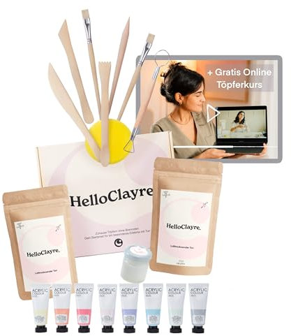 HelloClayre Töpferset mit lufttrocknendem Ton - incl. Töpferwerkzeug, Anleitung & Acrylfarben - Töpfern für Zuhause, ohne Brennen - kreatives DIY Geschenkset