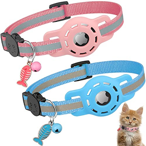 Katzenhalsband für Airtag, [2er Pack] Reflektierend GPS Leichte Tracker Katzenhalsbänder mit Airtag Hülle, Schnellverschluss, Glöckchen, 20-33 cm Verstellbar für Katzen Kitten, Blau & Rosa