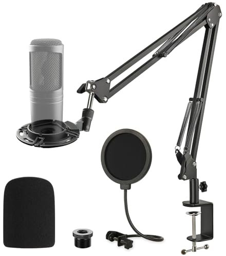 Frgyee AT2020 Support de Microphone Réglable Bras de Suspension avec Filtre Pop Coupe-Vent, 4 Serre-Câbles, Pince Robuste Améliorée pour AT2020USB+ AT2035 Audio Technica Condensateur Microphone Studio