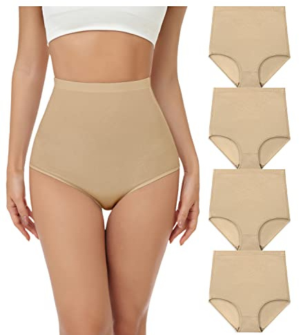 wirarpa Women's Cotton Knickers Super High waisted Briefs Ladies Underwear Full Coverage Panties Beige 4 Pack L