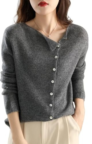 LCDIUDIU Damkoftor, korta stickade damkoftor mode enfärgad grå långärmad asymmetrisk knapp öppen framsida tröjor cardigan elegant höst mjuk stickad ytterkläder jacka
