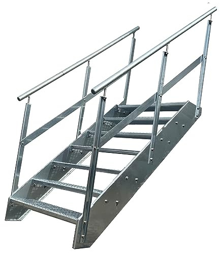 Premium Caillebotis acier Escalier à limon 7 Marches Entièrement galvanisé avec garde-corps des deux côtés - Dimensions (L x l x H) 139cm x 100cm x 133cm