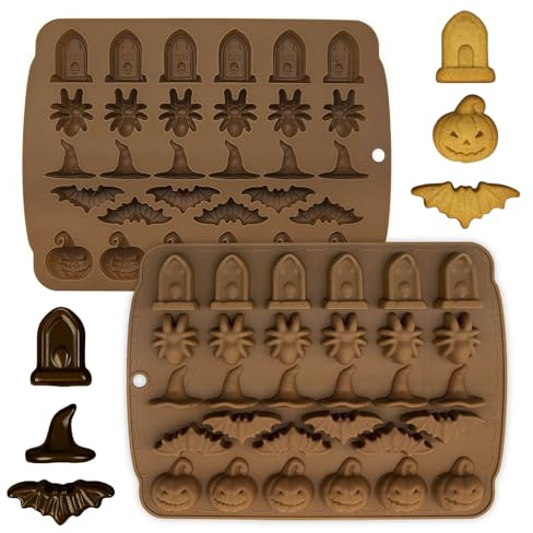 ALLY-MAGIC Halloween Silicone Mold, 30-Cavity Halloween Chocolate Mold Candy Mould Pumpkin Bat Witch Hat Spider Tombstone Shape Baking Molds for Chocolate Candy DIY Y6-WSRTMJ(Brown)