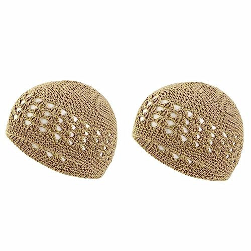 SHTGOI 2 Stück Gestrickte Kufi-Mützen Handgemacht Häkelmütze Baumwolle Strickmütze Totenkopf-Mützen Haarnetz Kappe Gebetsmütze Islam atmungsaktive Beanie-Mütze für Sommer Männer und Fraun Kamel
