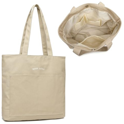 Miss Lulu Bolsa de lona para mujer, impermeable y resistente al desgaste, bolsa de hombro escolar de gran capacidad, bolsas duraderas y ecológicas para compras, escuelas, viajes, Khaki, L, Minimal