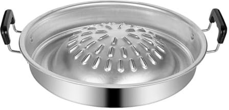 BESPORTBLE Thai Korean Bbq Grill Pan, Stainless Steel Barbecue Grill Tray Camping Bbq Pan Smokeless Roasting Pan Cooking Meat Vegetable Stovetop Plate for Outdoor 30cm