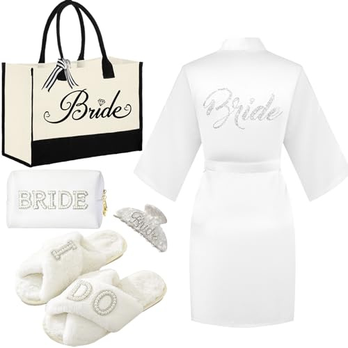 Tkifoda Bride to Be Gifts, Bridal Shower Gifts, Wedding Gift, Bride Tote Bag Makeup Bag Robe Slippers Hair Clip I Do Slippers Wedding Robe Cosmetic Bag