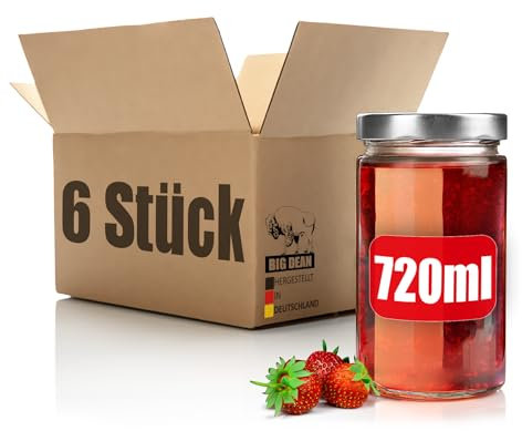 BigDean 6 Stück 720ml Einmachgläser mit silbernem Schraubdeckel – luftdichte Marmeladengläser dank Dichtungsring – Einkochgläser – Vorratsdosen Twist Off 82mm Deckel – Made in Germany