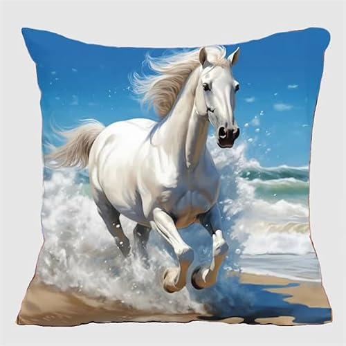 Kit Coussin Point de Croix Cheval Coussin à Broder Artisanal 45X45cm Coussin Brodé avec Fil et Aiguille à Broder Décoration Point de Croix Complet Broderie Pré-imprimé DIY pour Adulte la Chambr