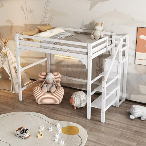 Rtopsu Letto per Bambini a Castello 140x200 cm con Armadio, Letto a Soppalco per Ragazzi con Scala e Contenitore, Letti con Protezione Anticaduta e Rete a Doghe in Legno, Bianco, Senza Materasso