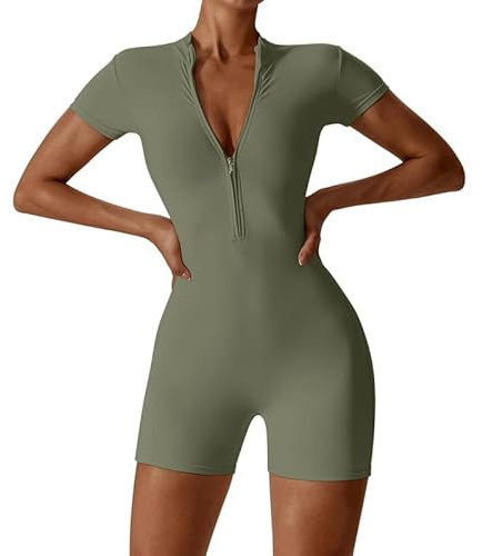Litthing Mono Deportivo Mujer Corto Ropa Deportiva con Cremallera Elásticos Mangas Cortas Jumpsuit Sexy Ajustado Bodysuit Una Pieza Push Up Fitness Body Overol