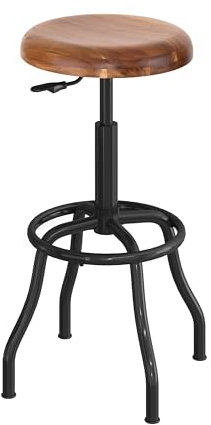 Seville Classics Modern Ergonomic Pneumatic Height Adjustable 360-Degree Swivel Stool Chair, for Drafting, Office, Home, Garage, Work Desk, Acacia Wood, Flat Seat
