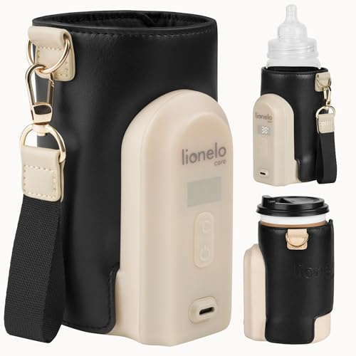 LIONELO Thermup Go Evo Bärbar Flaskvärmare för Resor, USB-C Laddning, 5 Temperaturer 38–50 °C, Passar Alla Flaskor 50–80 mm, upp till 9 h Drift, LCD Display, Säker Sensor, för Bil och Promenad