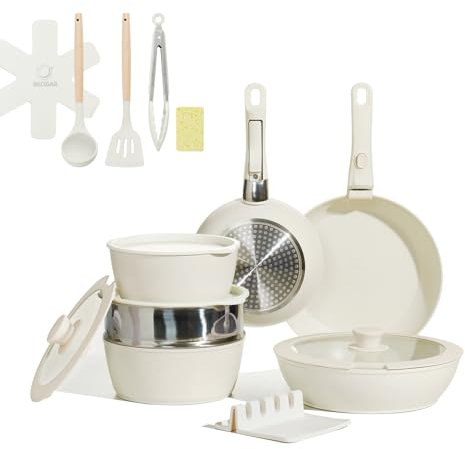 BECIGAR 21 ollas y sartenes de cerámica antiadherentes, utensilios de cocina de cerámica con mango desmontable, juego de utensilios de cocina para caravana, juego de utensilios de cocina con asas