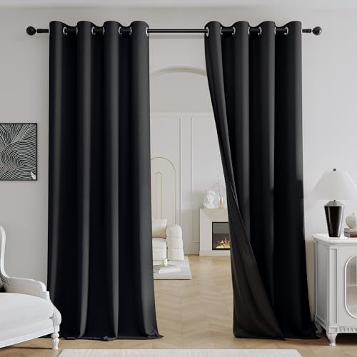 Beauoop Blackout Curtains for Living Room Black Curtains 90 Drop Herringbone Textured Eyelet Curtain for Bedroom Thermal Insulated Noise Reducing Window Curtain Drapes 2 Panels