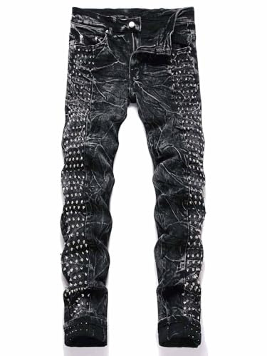 Idopy Studded Vintage Punk Gothic Men`s Jeans with Rivet S/30 Black