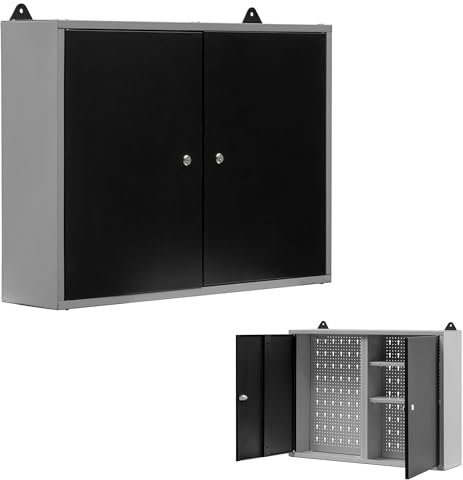 METALLMOBELL - Armario Metalico de Pared | 80x60x20cm, con Estanterías, Panel Herramientas y Cerradura | Armario Almacenaje, Mueble Almacenaje, Armario Oficina, Armario Herramientas MB02G