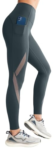 Yvette Mesh Leggings Sport Damen mit Tasche Blickdicht Gym Fitness Sporthose,Grau, M