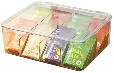 zooyeea 2 Pack Tea Bag Organizer with Lid, 8 Compartment Clear Acrylic Tea Storage Container, Portable Tea Caddy for Home/Office/Travel Tea Organizer (2 PACK)