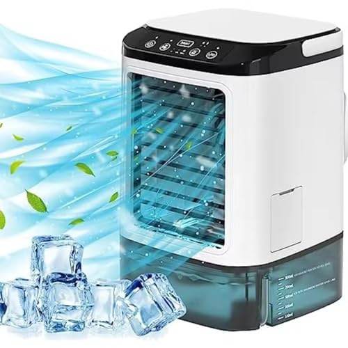 4-in-1 Mini Portable Air Conditioner, Mini Klimageräte Luftkühler mit 900ml Wassetank, Klimaanlage Mobil mit 3 Geschwindigkeiten, Kühler Nebel, 7 Farben Licht, Luftkühler Ventilator für Haus Büro