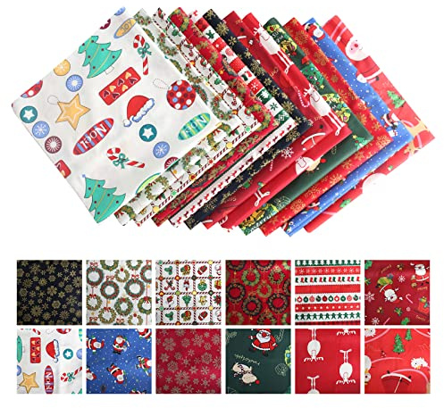 Fairblo 12pcs Stoff Baumwolle Weihnachten Patchwork Stoffe Paket 50x50 Weihnachten Baumwollstoff Meterware Stoffe zum Nähen für Weihnachtsdekoration Quilten DIY Basteln Handwerken