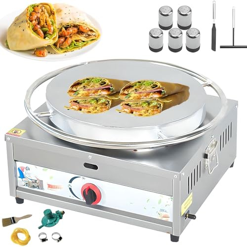 Máquina comercial para hacer crepes con kit de panqueques, plancha de gas multifunción con rotación de 360° y termostato ajustable, ideal para negocios y reuniones