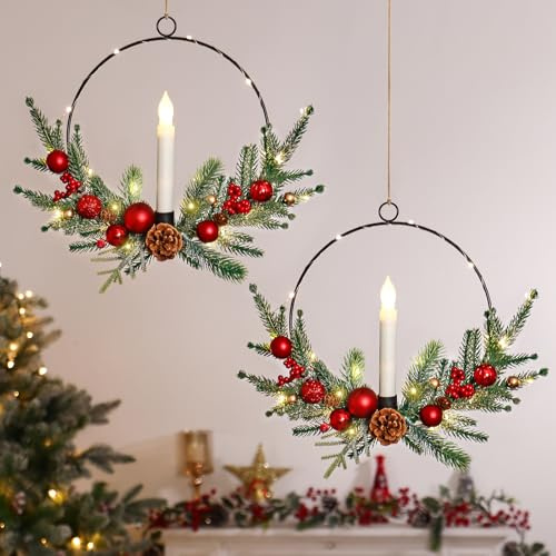 Dremisland Juego de 2 Corona Navidad Puerta con Luces 40cm Coronas de Navidad con Velas Corona de Adviento con Piñas Bayas Guirnalda Navidad Corona Artificial Decoración Navideña Chimenea Ventana