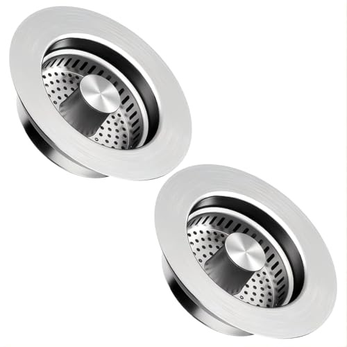 2 Stück Abflusssieb Küchenspüle und Waschbeckenstöpsel,3 in 1 Pop-Up Stöpsel für Spülbecken Sieb mit Anti-Verstopfungs-Korb, Spülbecken Sieb für Spülbecken Bohrung 75-86 mm, Tiefe > 40 mm (Eisschicht)