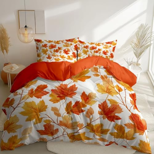 Housse de Couette 200 x 200 cm, Doux Confortable Microfibre Feuilles D'Érable d'automne Rétro Imprimé 3 Pièces Couleur Orange Housse De Couette - Linge de Lit pour Enfants et Adolescents
