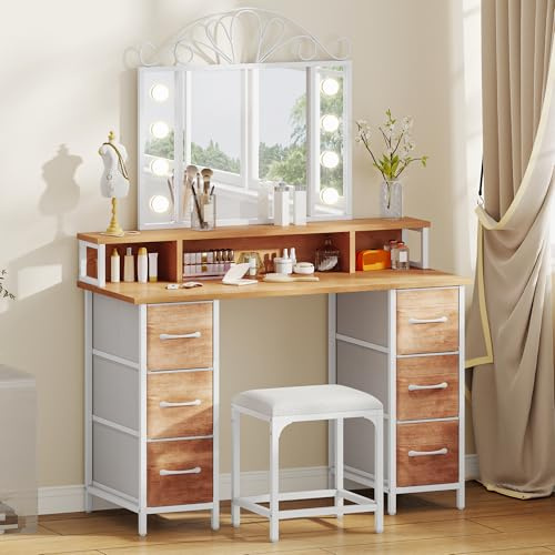 Sminkbord med belysning, tyglådor, toalettbord med spegellådor, justerbar ljusstyrka, sminkbord med dörrar, sminkbord med smyckeshylla, justerbara hyllor, träfärg