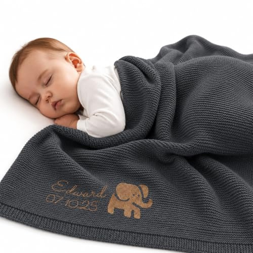 Stepdiy Personalisierte Gestrickte Neugeborene Decke, Babydecke mit Namen und Geburtsdatum für Jungen Mädchen 80x100cm, Maßgeschneidertes Geschenk für Babyparty & Baby Erstes Weihnachten (Grau)