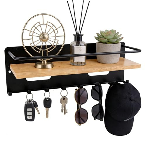 CAIEJSAEN Nyckelbräda trä med hylla dekorativ nyckelhållare vägg multifunktionell nyckelbord med 8 nyckelkrokar modern nyckelbräda för entré hall vardagsrum sovrum