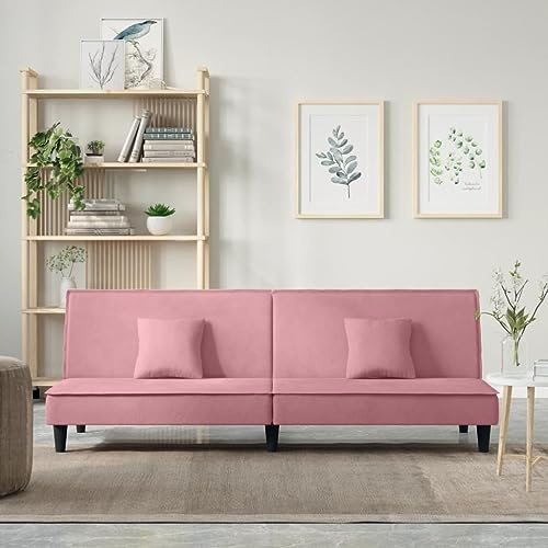 Owoxanthellate Schlafsofa Rosa 200x89x70 cm Samt Recamiere mit 2 Kissen, verstellbare Rückenlehne, 110 kg pro Sitz, Schlafcouch klein für Wohnzimmer Gästezimmer Jugendzimmer