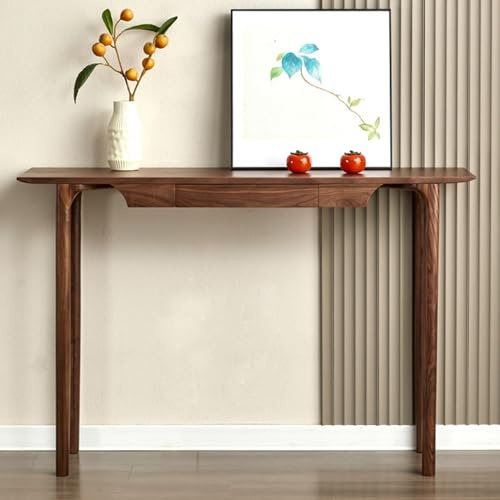 Mesa Consola de Madera Maciza de Nogal con Cajón Oculto, Mesa de Consola Estrecha Moderna para Recibidor, Pasillo o Vestíbulo, con Esquinas Redondeadas de Seguridad(120x35x80cm/47x14x32in)