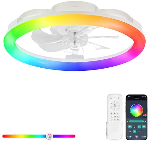 ZMISHIBO Ventilador de Techo con Luz y Control Remoto, Lustre Ventilador Moderno Dimmable, 6 Velocidades, Reversible, Control APP, Ventilador Silencioso Encastrable con Luz Integrada (RGB)