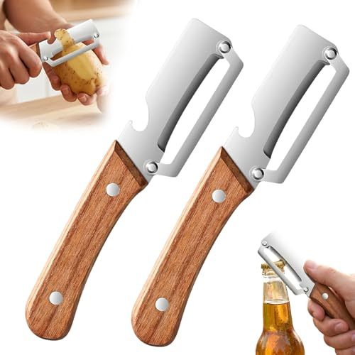 2 Stück Sparschäler, 2 In 1 Multifunktionaler Gemüseschäler, Sparschäler Edelstahl mit Holzgriff Gemüseschäler, Integriertem Flaschenöffner für Küche, Langlebiges Gemüse Schäler für Obst Gemüse