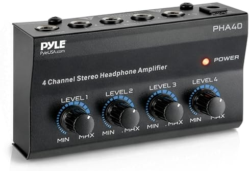 Pyle 4 Channel Stereo Amplifier | Headphone Amp with 4 Independent Volume Controls | 1/4 Inch TRS Input and Output Jacks | Power Supply Included | 4.0 x 2.2 in Compact Design for Studio and Stage Use