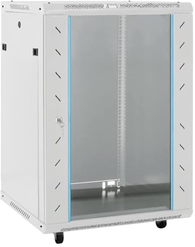 GeenYuu 15U nätverksskåp på hjul 19 tum IP20 grå av kallvalsat stål 60 x 45 x 86 cm med låsbar glasdörr för hemnätverk kontor hemmakontor och säkerhetskopiering av data