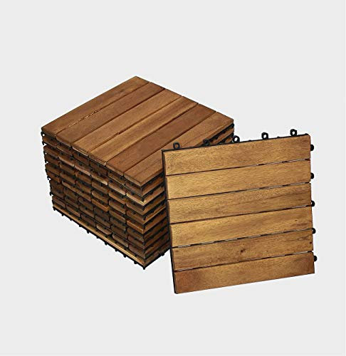 11er Spar-Set Holzfliese 01 für 1 m²,Terrassenfliese Akazien-Holz, Fliese für Garten Terrasse Balkon, Balkon Bodenbelag mit Drainage-Unterkonstruktion für problemfreien Wasserablauf unter den Fliesen