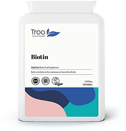 Troo Health Care Biotin 10000µg Supplement - 120 High Strength 10000 mcg Vitamin B7 Tablets for Hair Skin and Nail Support - UK Manufactured to GMP Standards - 4 Month Supply