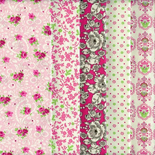 Textiles français Stoffpaket 5 Stoffe - rosa, pink, Cremeweiß, grün, Bordeaux rot, weiß und grau - Blumenmuster - Kollektion Erdbeeren und Sahne | 100% Baumwolle | Jedes Stück 46 cm x 56 cm